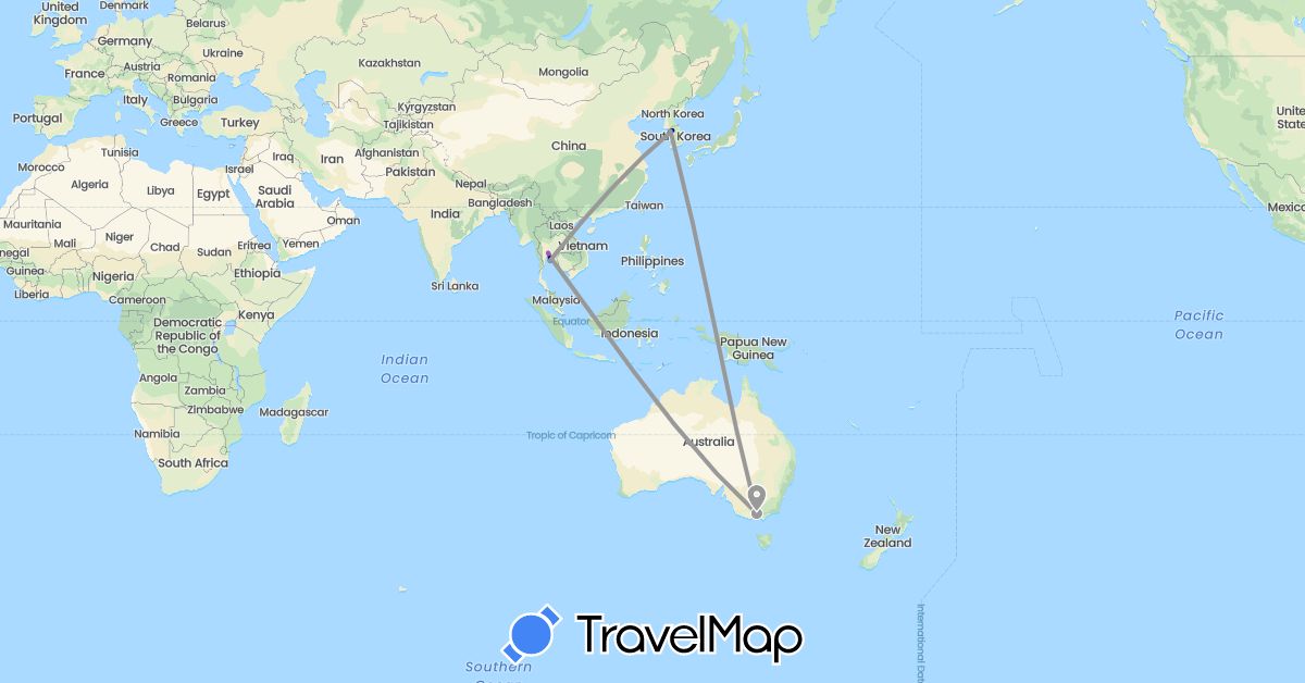 TravelMap itinerary: driving, bus, plane, train in Australia, South Korea, Thailand (Asia, Oceania)